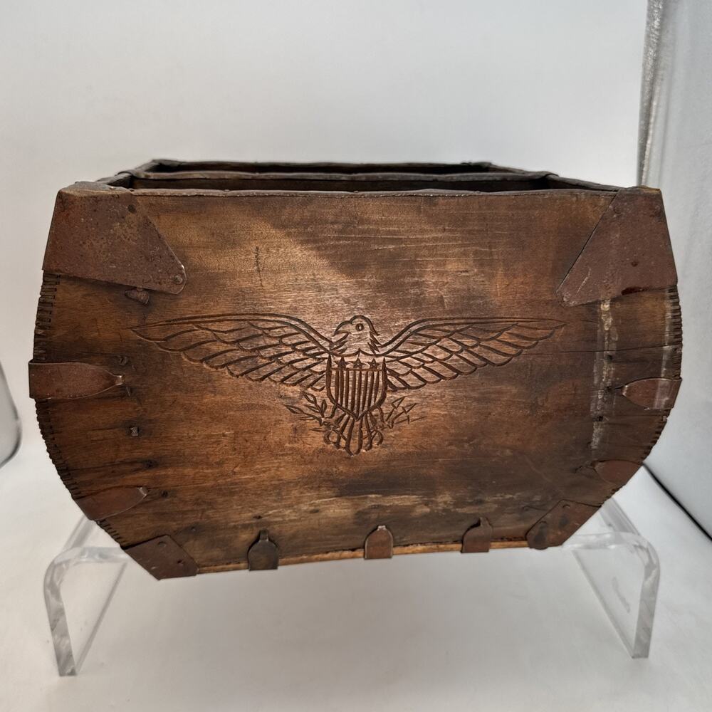 Antique Chinese / Japanese Wood Rice Basket W/ Metal Trim Vintage Asian Antique